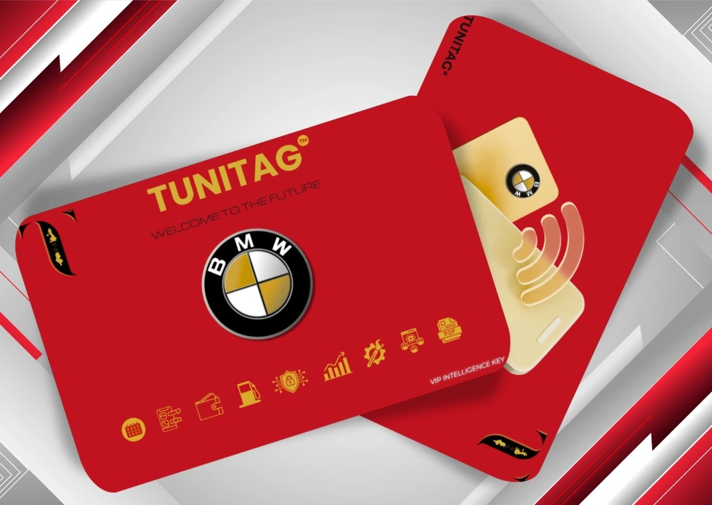 TuniTag Intelligent Key — deux cartes rouge foncé sur fond argent