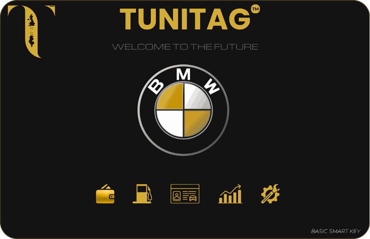 The TuniTag Smart Key — a black NFC card with the TuniTag mark and wordmark in gold