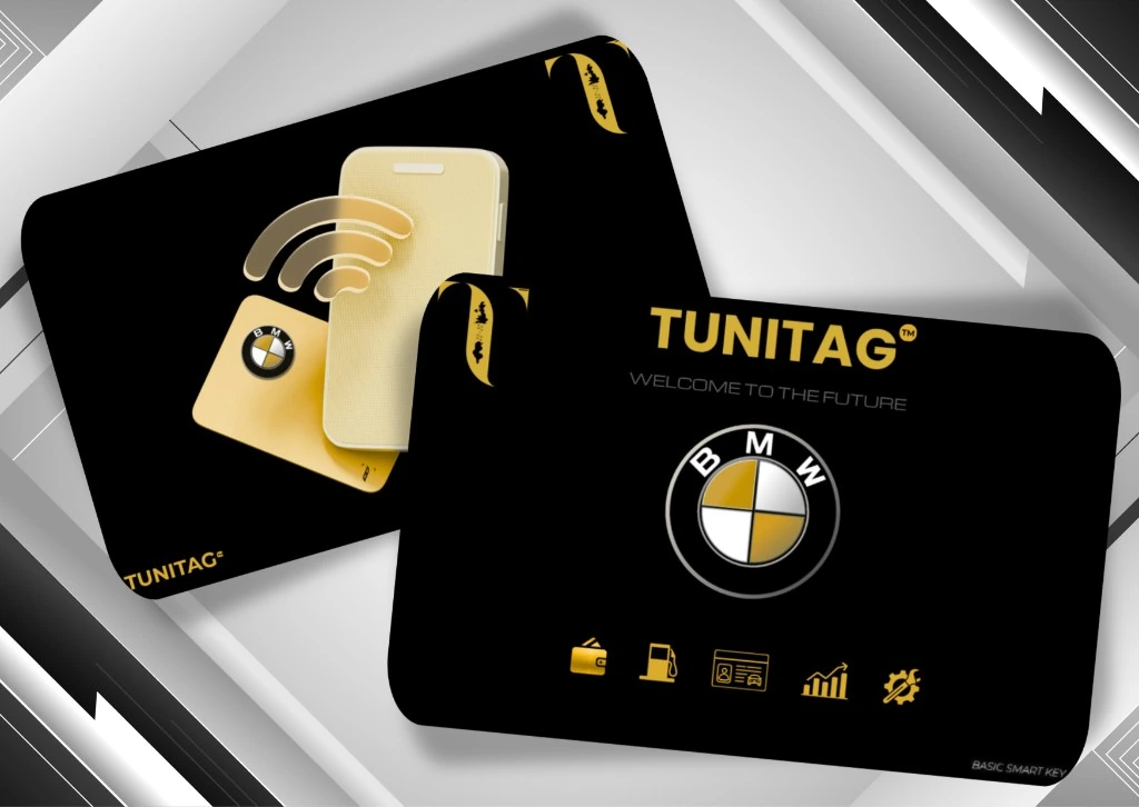 TuniTag Smart Key — deux cartes noires sur fond argent